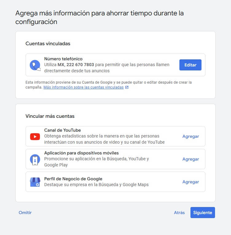 En esta opción podrás agregar tu número telefónico y cuentas de youtube